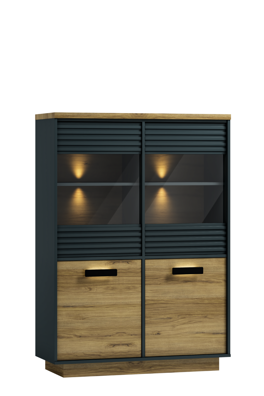 Witryna Podświetlana Dąb Linea ART9 – LED, Cichy Domyk | Nowoczesny Design |